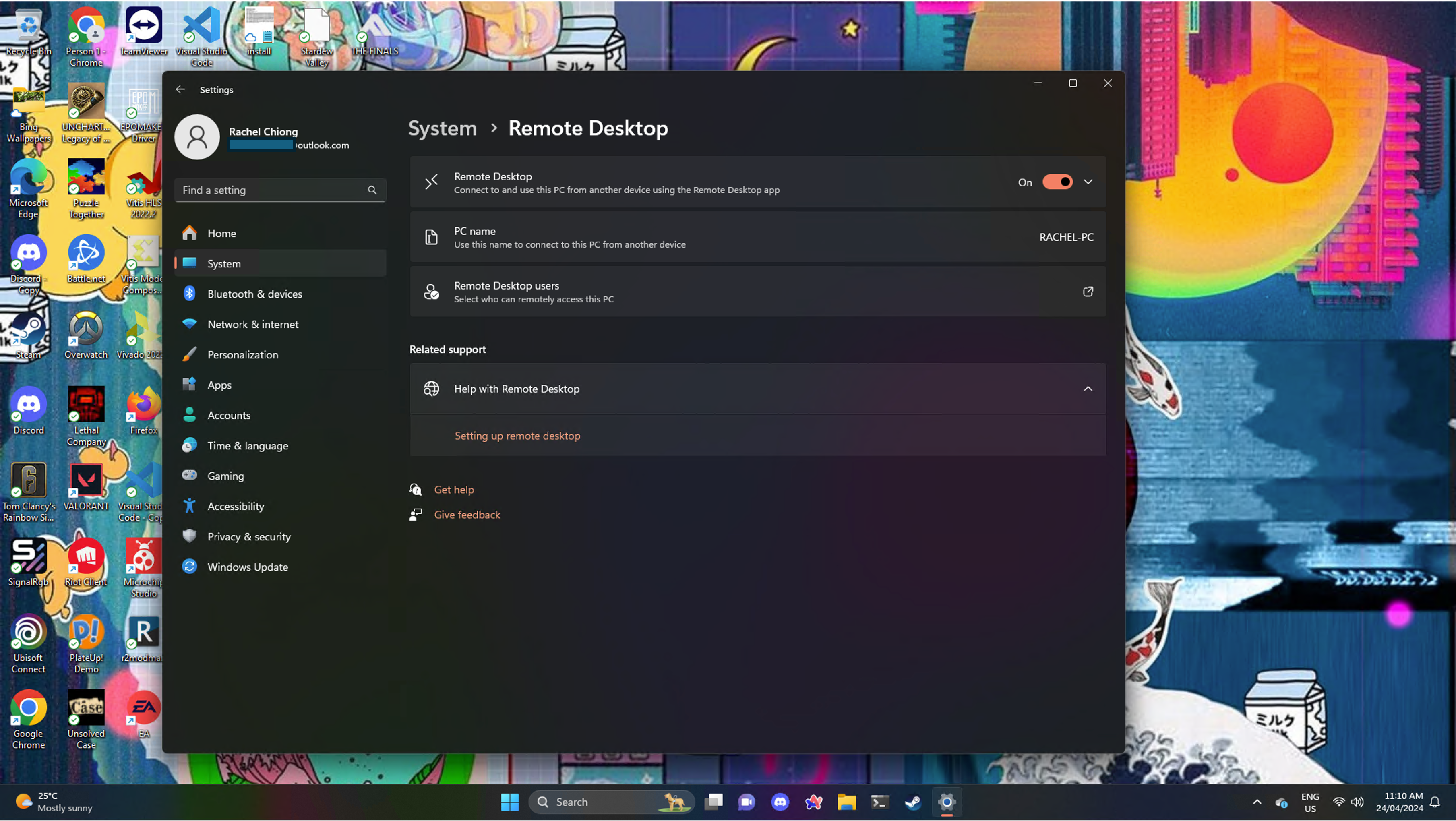 Screenshot of Windows 11 Remote Desktop Settings showing the ON button