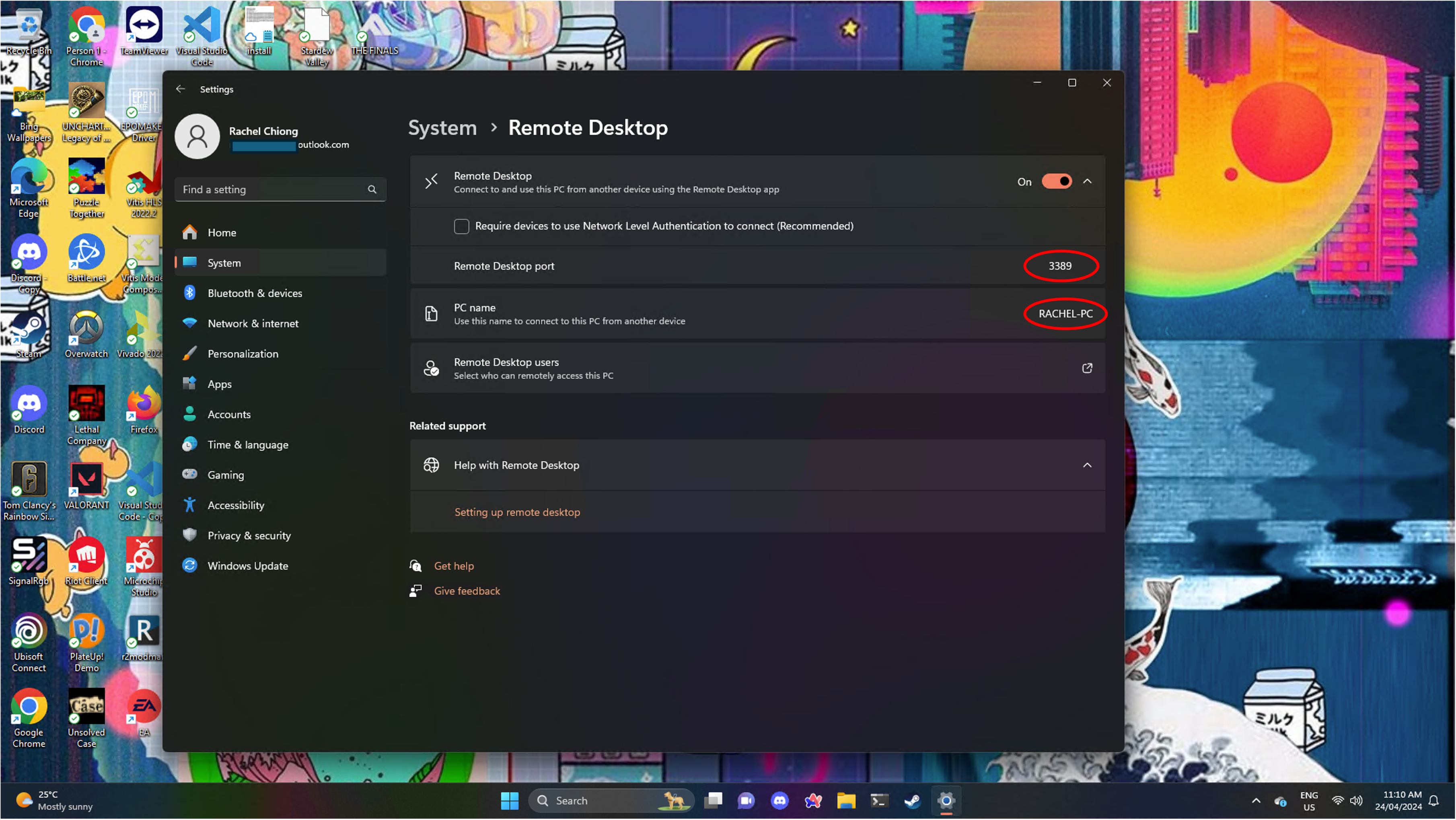 Screenshot of Windows 11 settings menu showing the Remote Desktop settings with port number