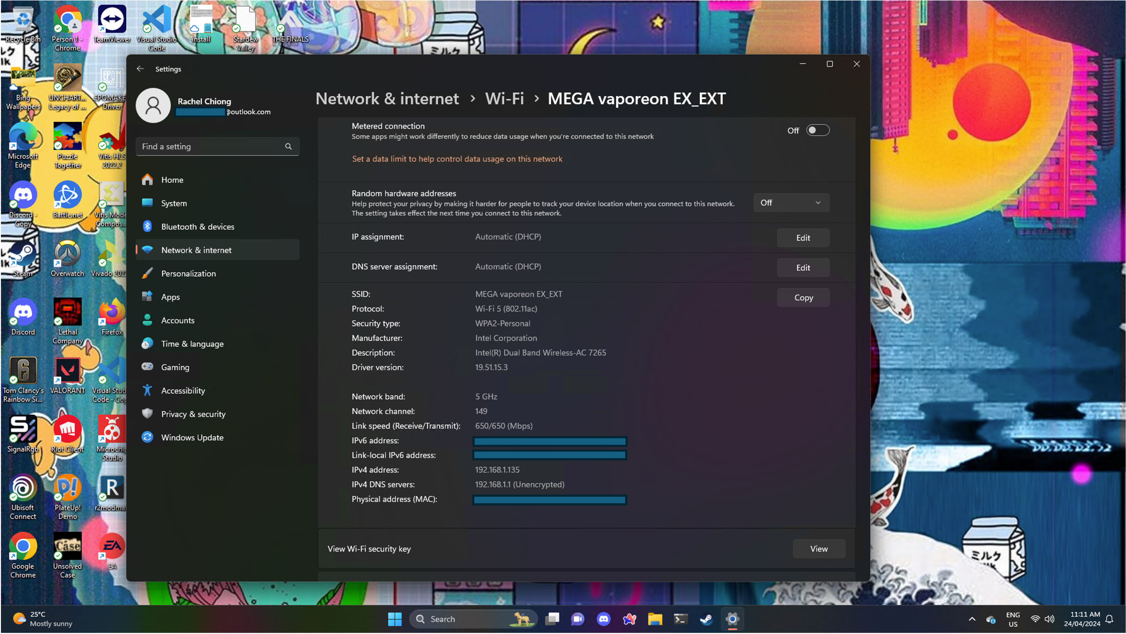 Screenshot of Windows 11 settings menu showing Wi-Fi settings and IPv4 Address