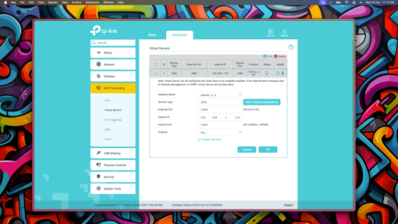 Screenshot of TP-Link Virtual Servers Configuration Menu